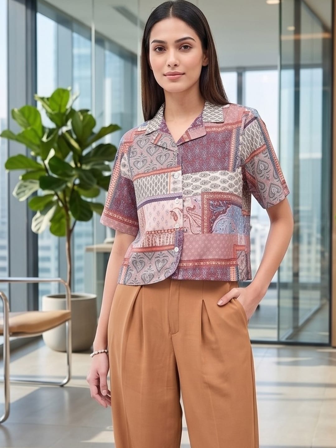 Multi Coloured Short Sleeves Shirt Collar Top