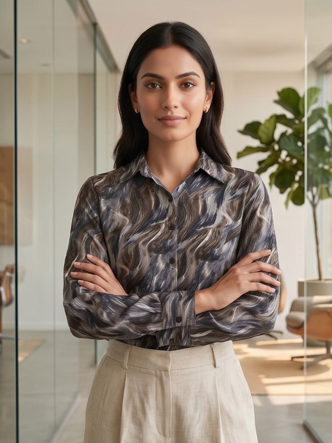 Brown Coloured Slim Collar Long Sleeves Abstract Shirt