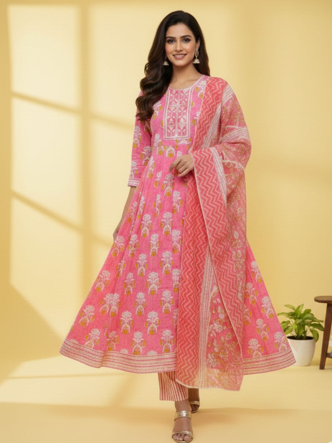 Women's Pink Cotton Floral Print Anarkali Set with Dupatta