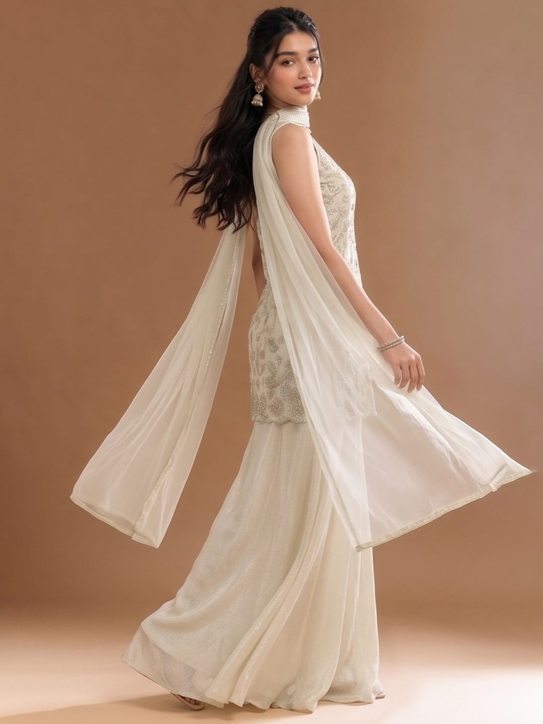 Women's Beads Embroidered Shimmer Short Kurta With Palazzo And Dupatta