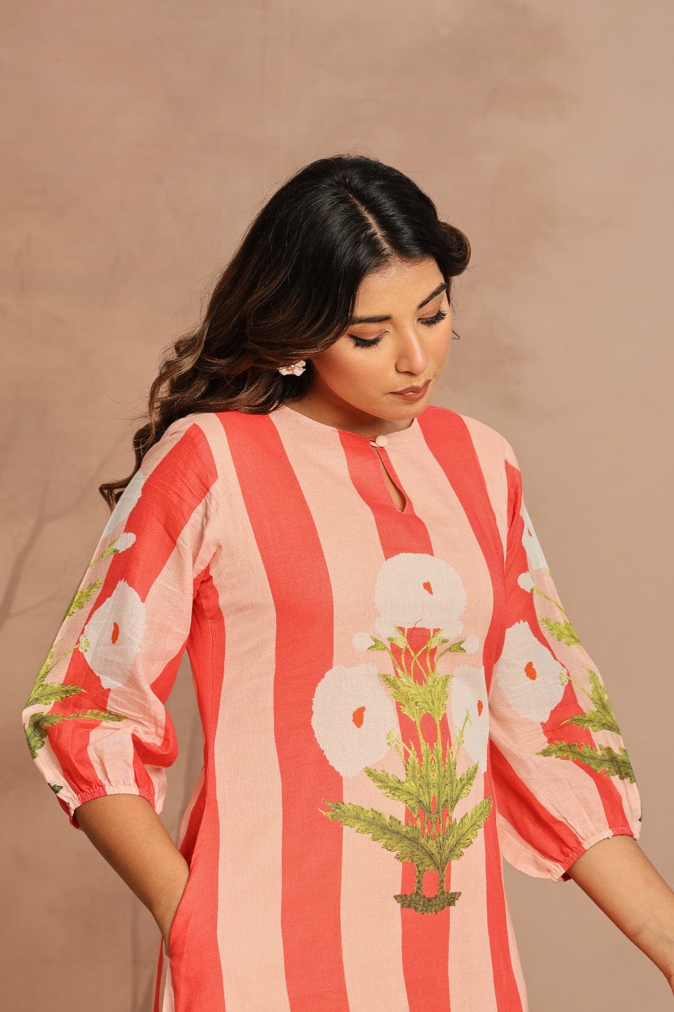 Peach & Red Botanical Kurta Set