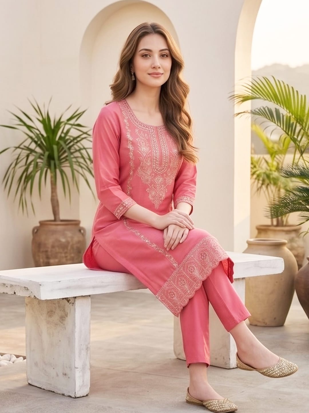 Zari embroidered kurta with trousers & sequins detailed contrast dupatta