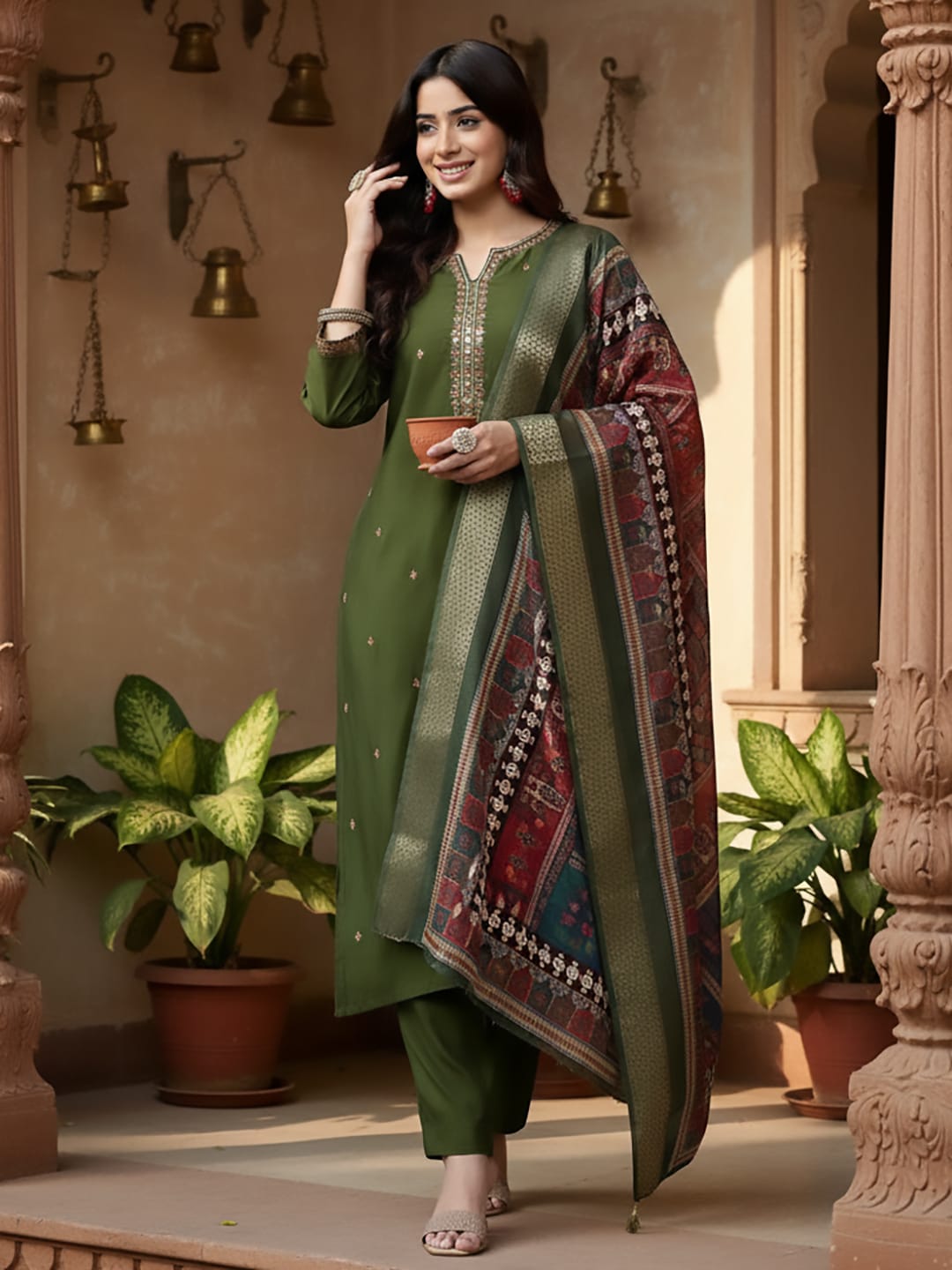 Varanga Women Olive Green Round Neck Placement Embroidered Kurta Paired With Tonal Bottom & Printed Dupatta