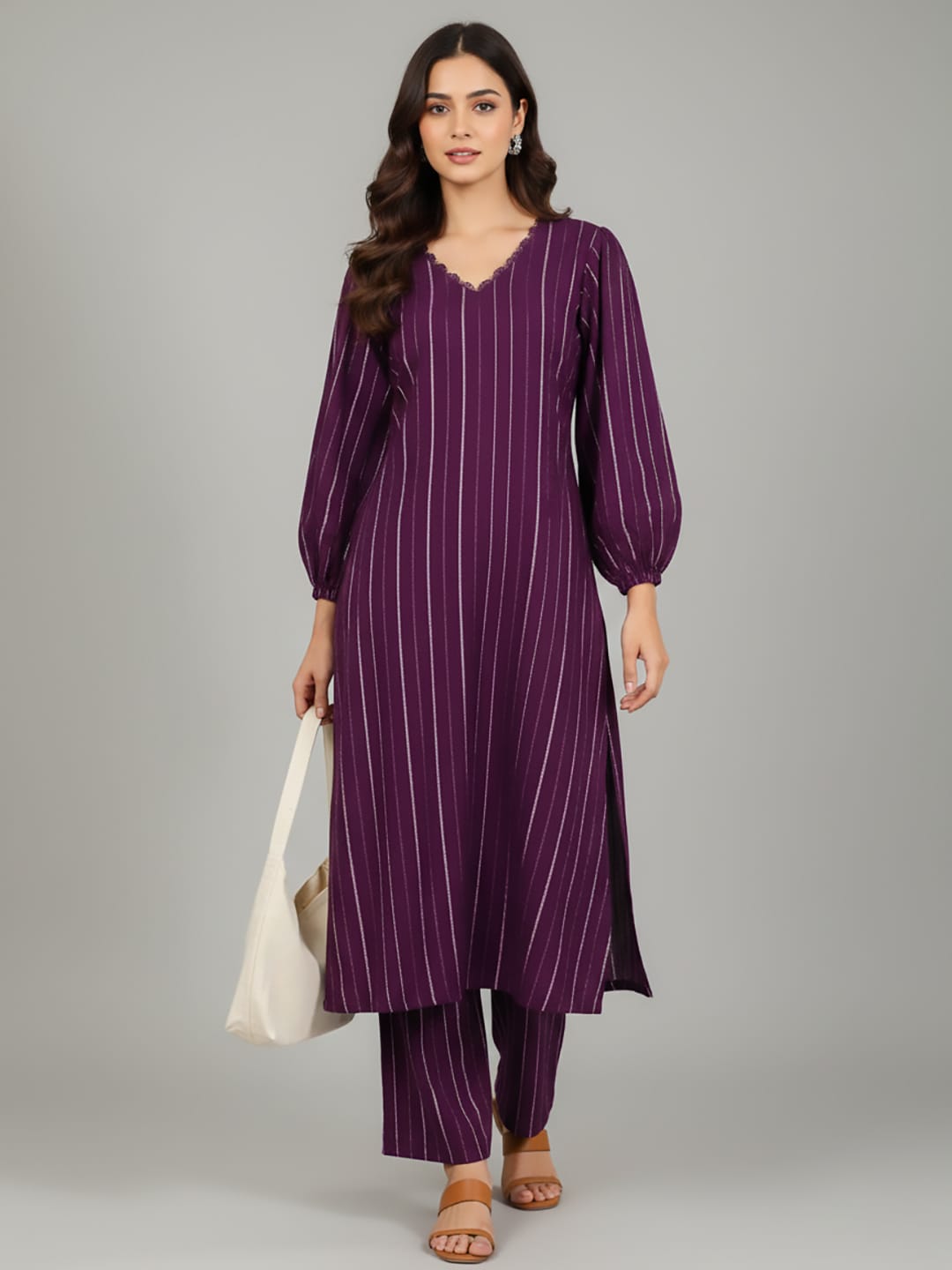 The Kurti Collection Women Purple Lurex A- Line Kurta With Trousers