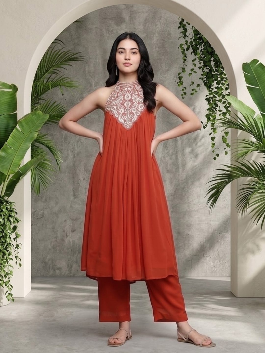 Varanga Women Halter Neck Zari And Sequence Embroidered Sleeveless Flared Kurta Paired With Tonal Bottom