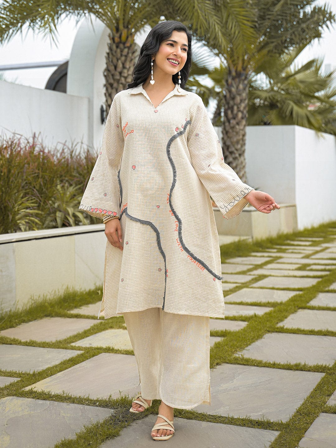 Mixed-Pattern Botanical Long-Line Kurta Set