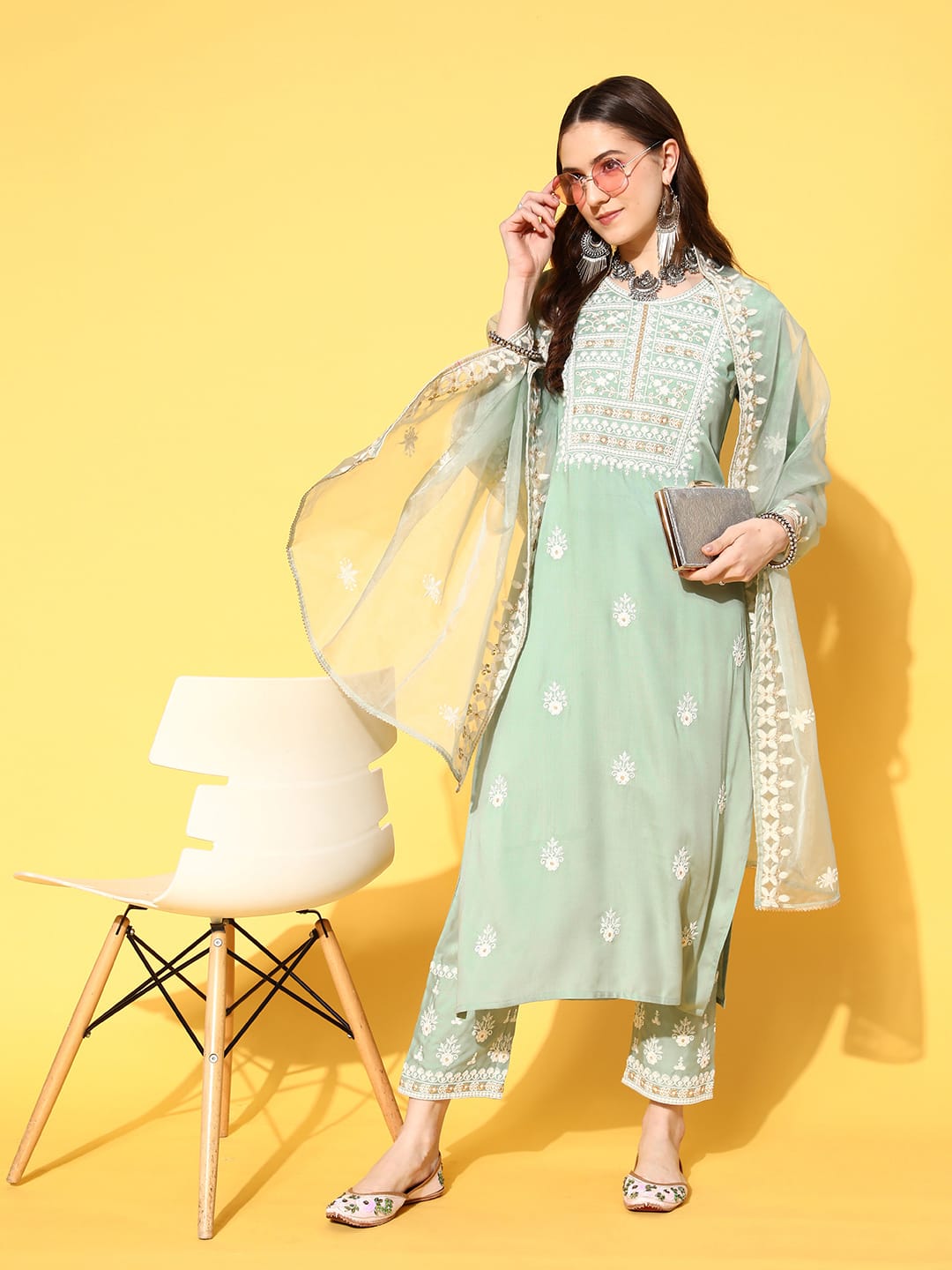 The Kurti Collection Women Sea Green Embroidered Kurta Paired With Tonal Trouser And Dupatta