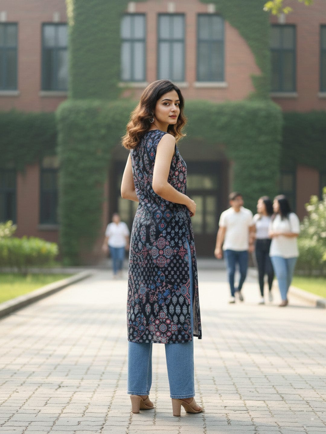 The Kurti Collection Sleeveless Ethnic Printed Straight Kurta with Round Neck