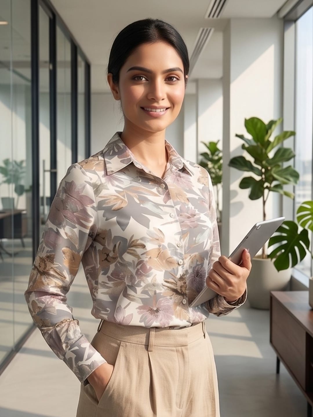 White Coloured Slim Collar Long Sleeves Floral Shirt