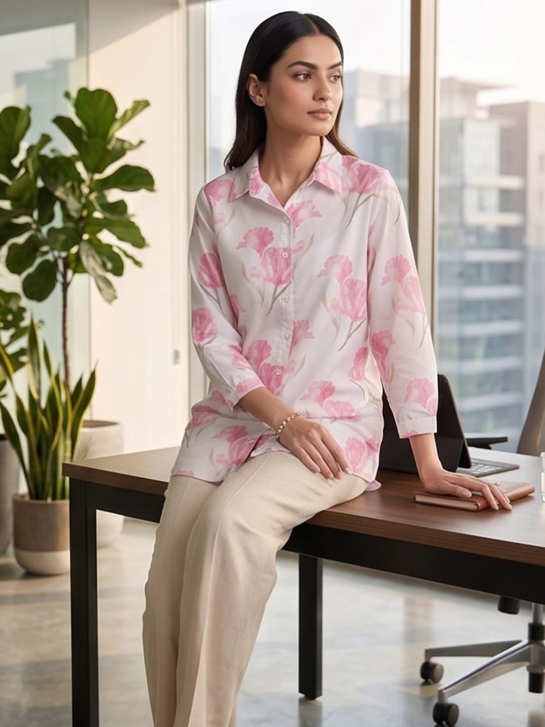 White Coloured Slim Collar Long Sleeves Floral Shirt