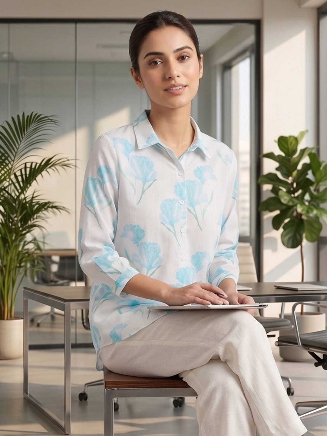 White-Blue Coloured Slim Collar Long Sleeves Floral Shirt