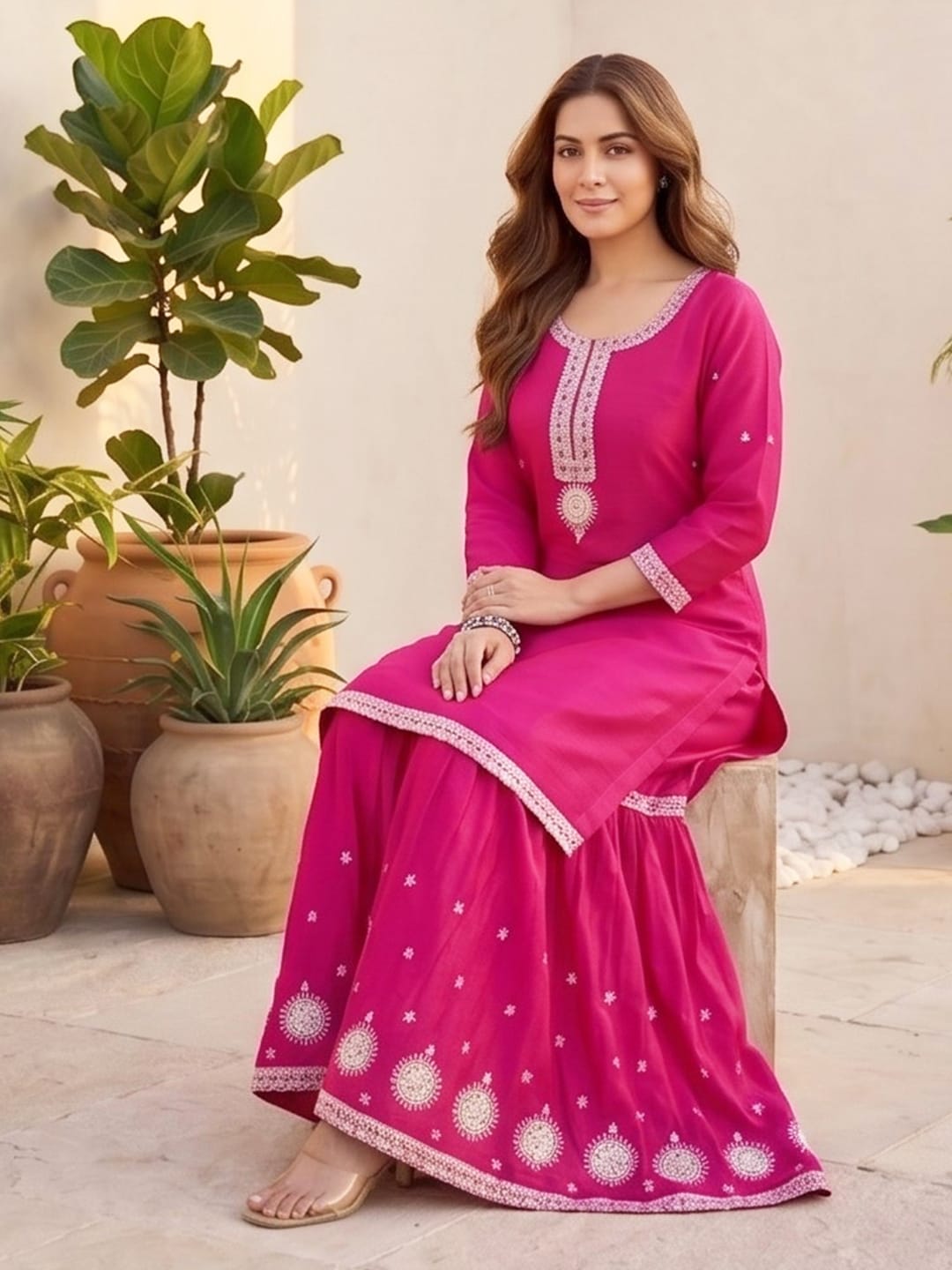 The Kurti Collection Women Zari Embroidered Yoke Kurta With Sharara And Dupatta