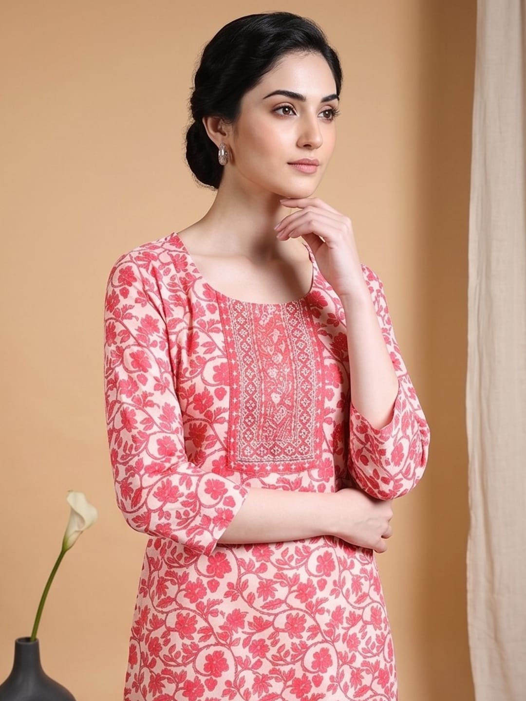 The Kurti Collection Women Ethnic Coral Kurta Set With Dupatta