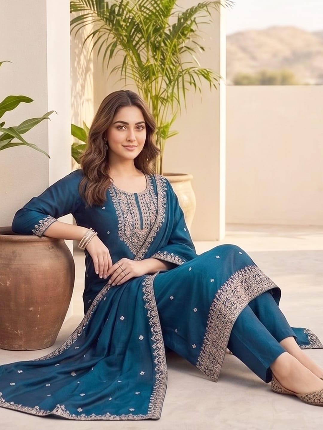 Kurta With Intricate Zari-Embroidered Yoke With Ankle-Length Solid Trousers And A Matching Zari-Accented Dupatta