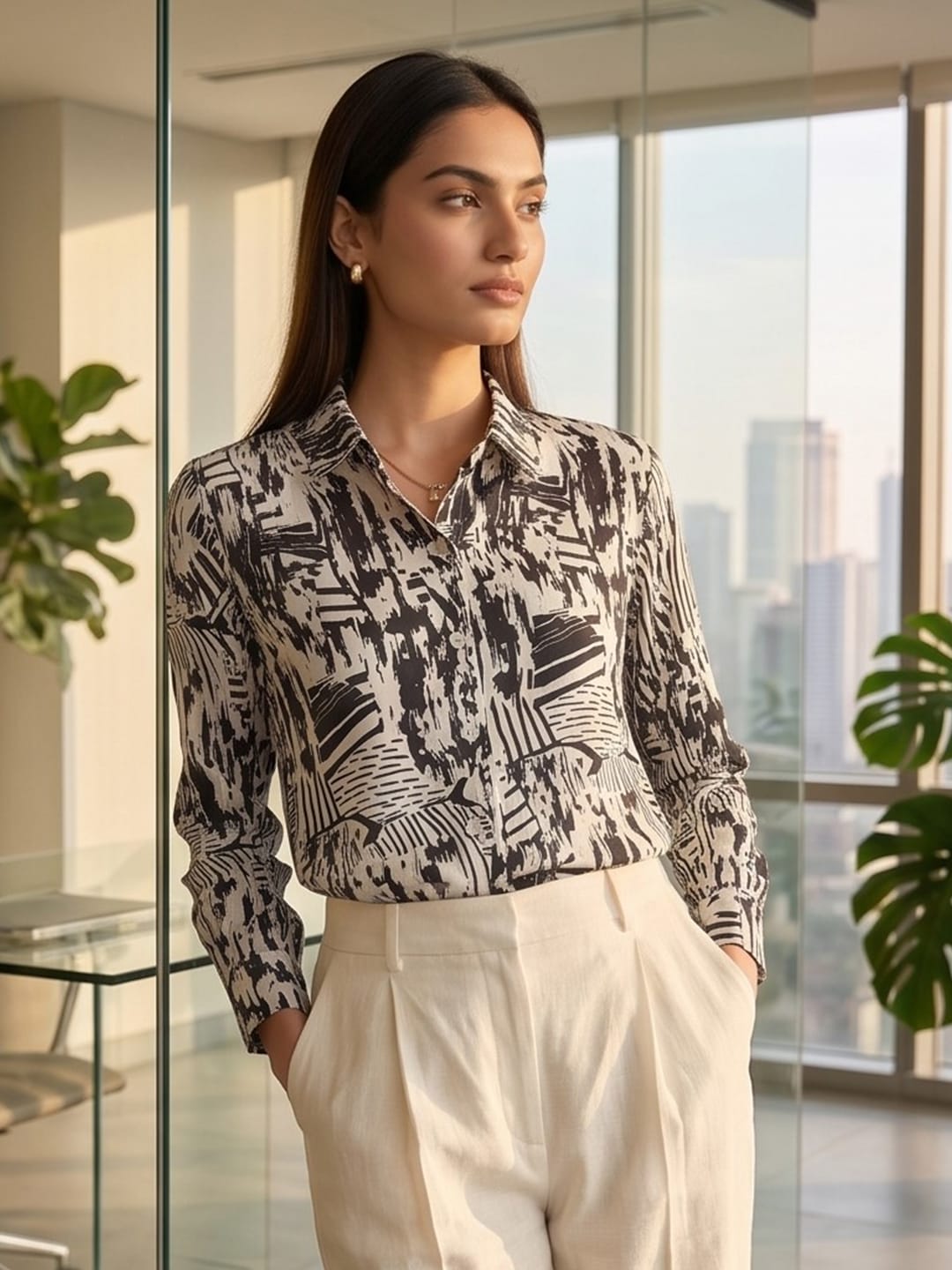 White Coloured Slim Collar Long Sleeves Geometric Shirt