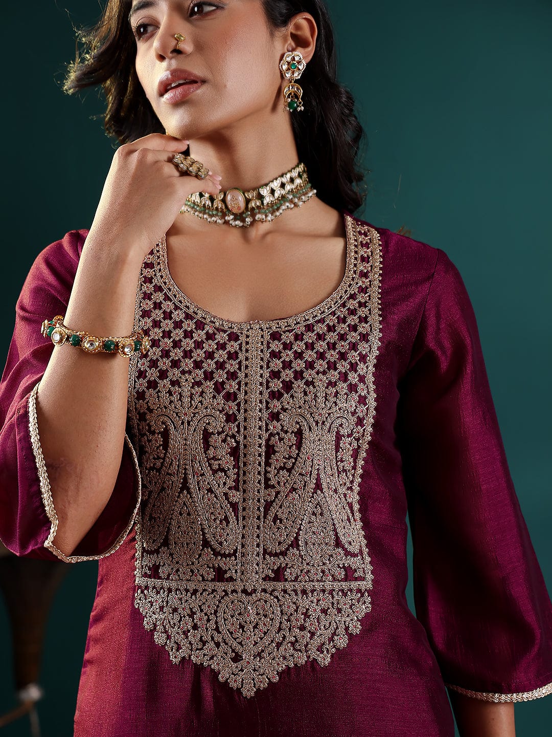 The Kurti Collection Women Purple Zari Embroidered Kurta With Bottom And Dupatta