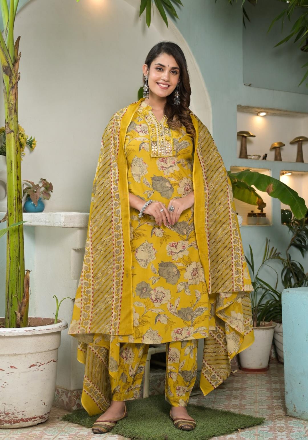 The Kurti Collection Women Yellow Floral Printed Mirror Embellished Straight Kurta Paired With Afghani Bottom And Printed Dupatta