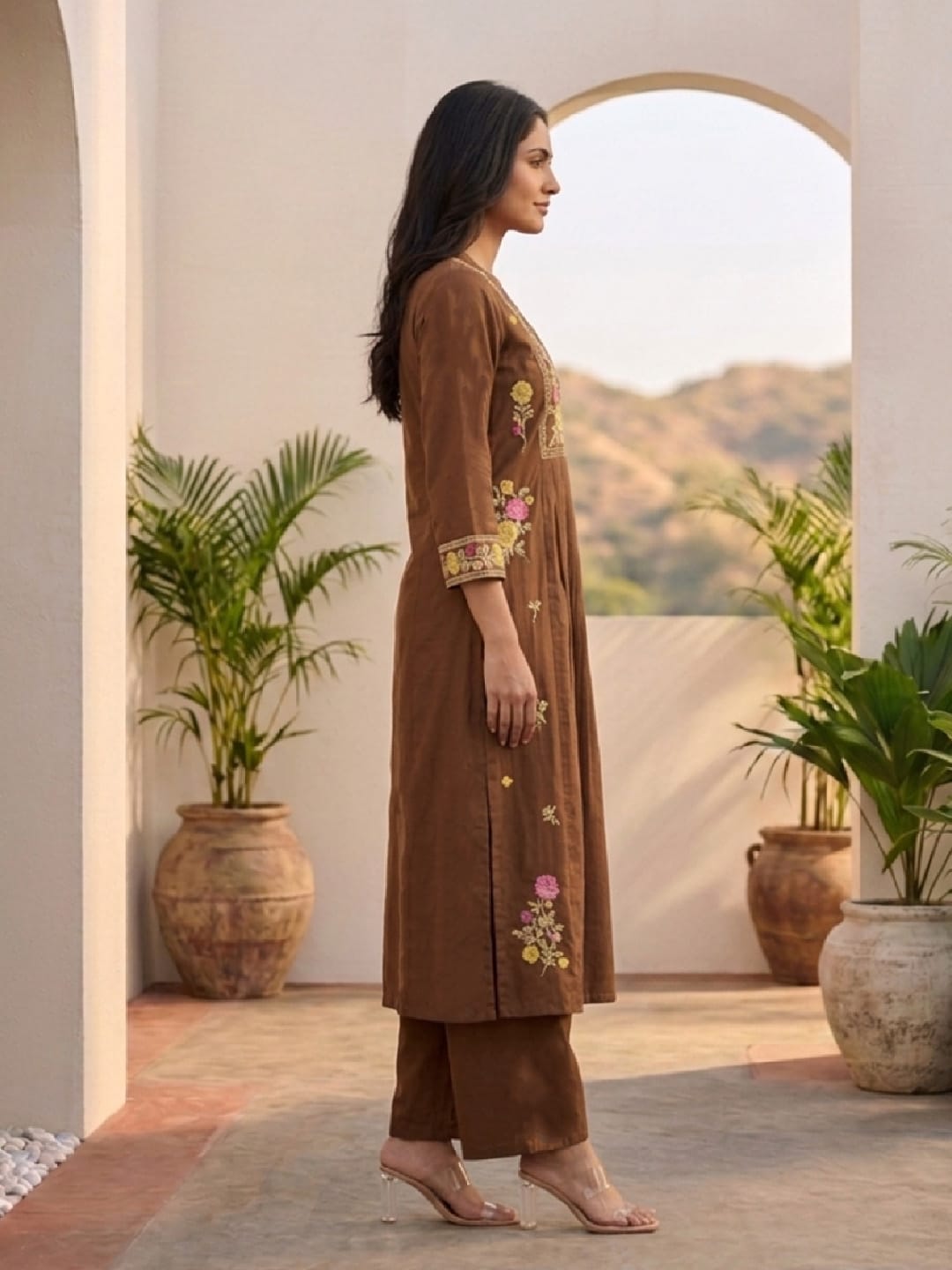 Floral Embroidered Brown Ethnic Kurta With Gathered Detailing