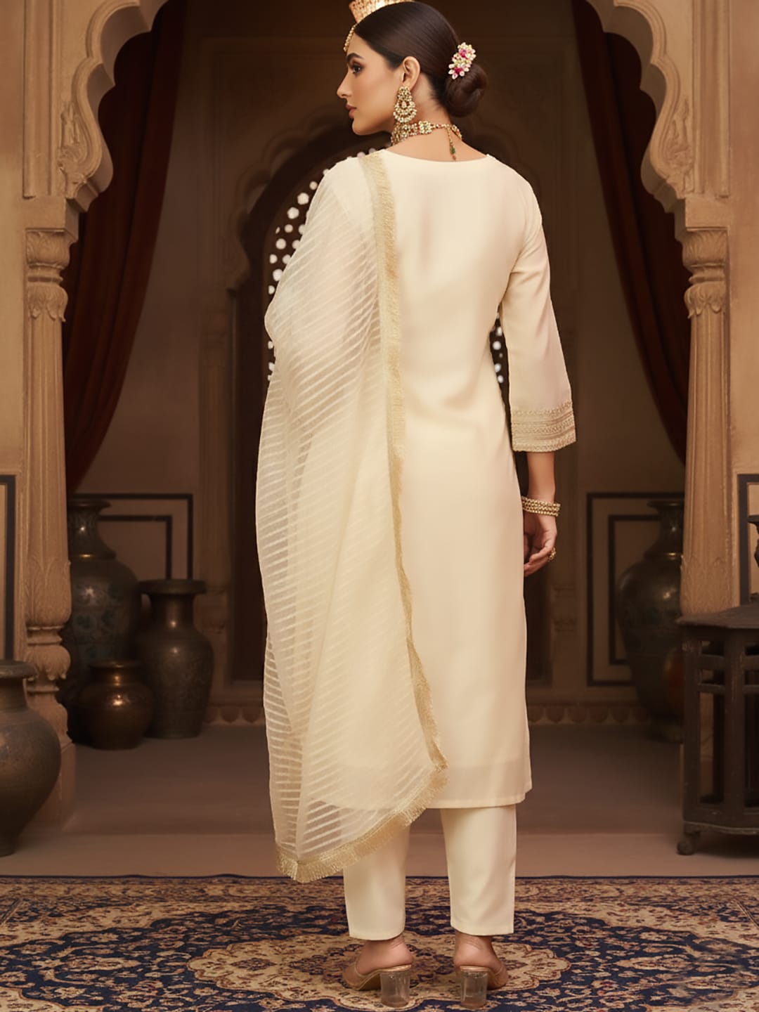 Varanga Women Zari Embroidered And Sequence Embellished With Organza Detailed Kurta With Bottom And Dupatta