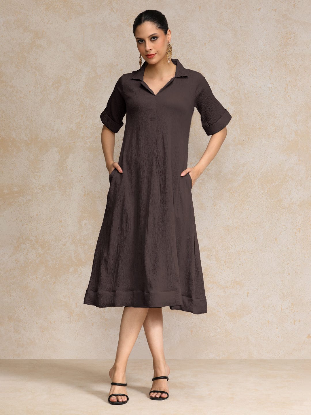 The Kurti Collection Women Beige Shirt Collar A Line Dress