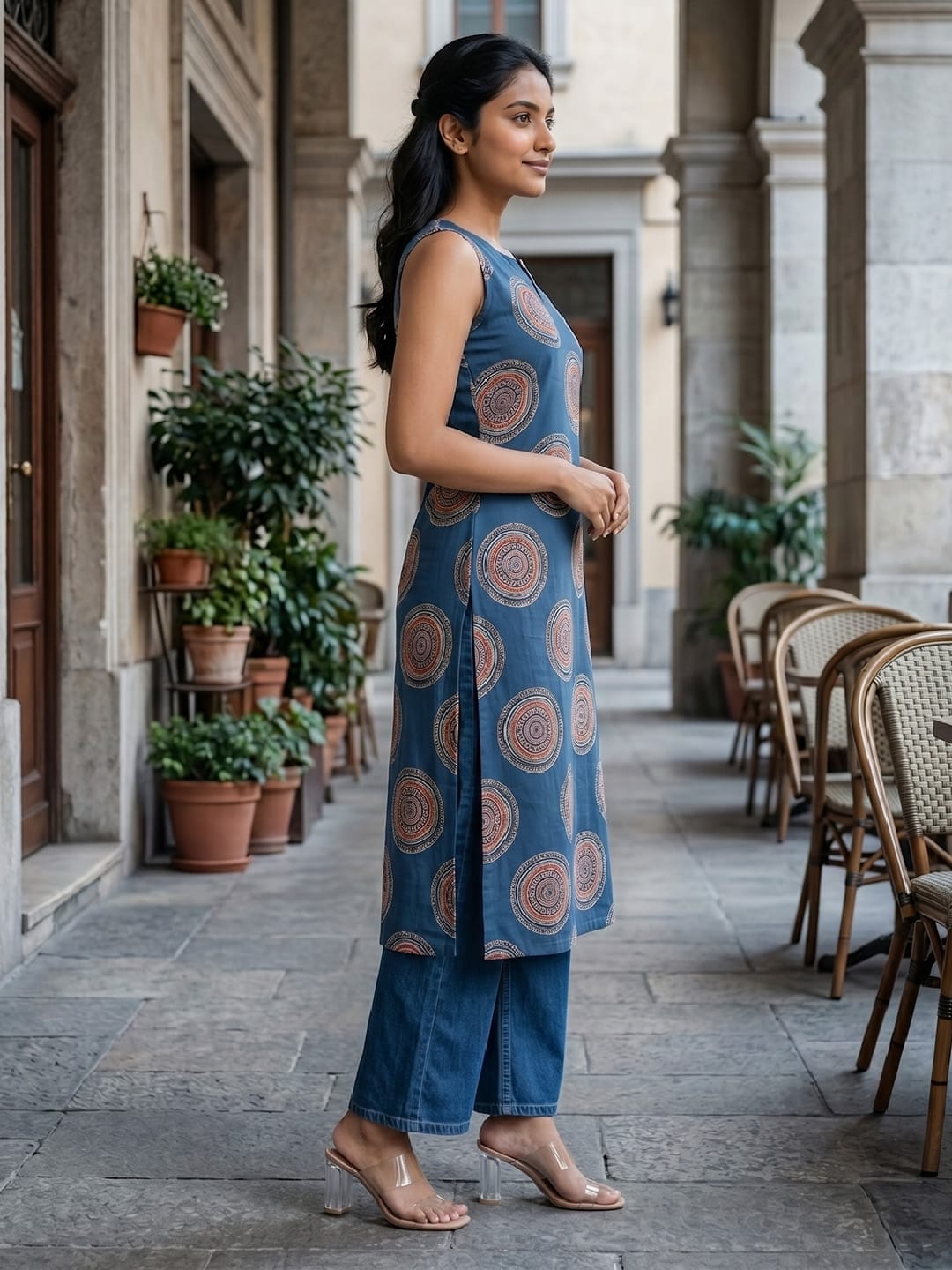Women's Blue Geometric Printed Sleeveless Straight Kurta