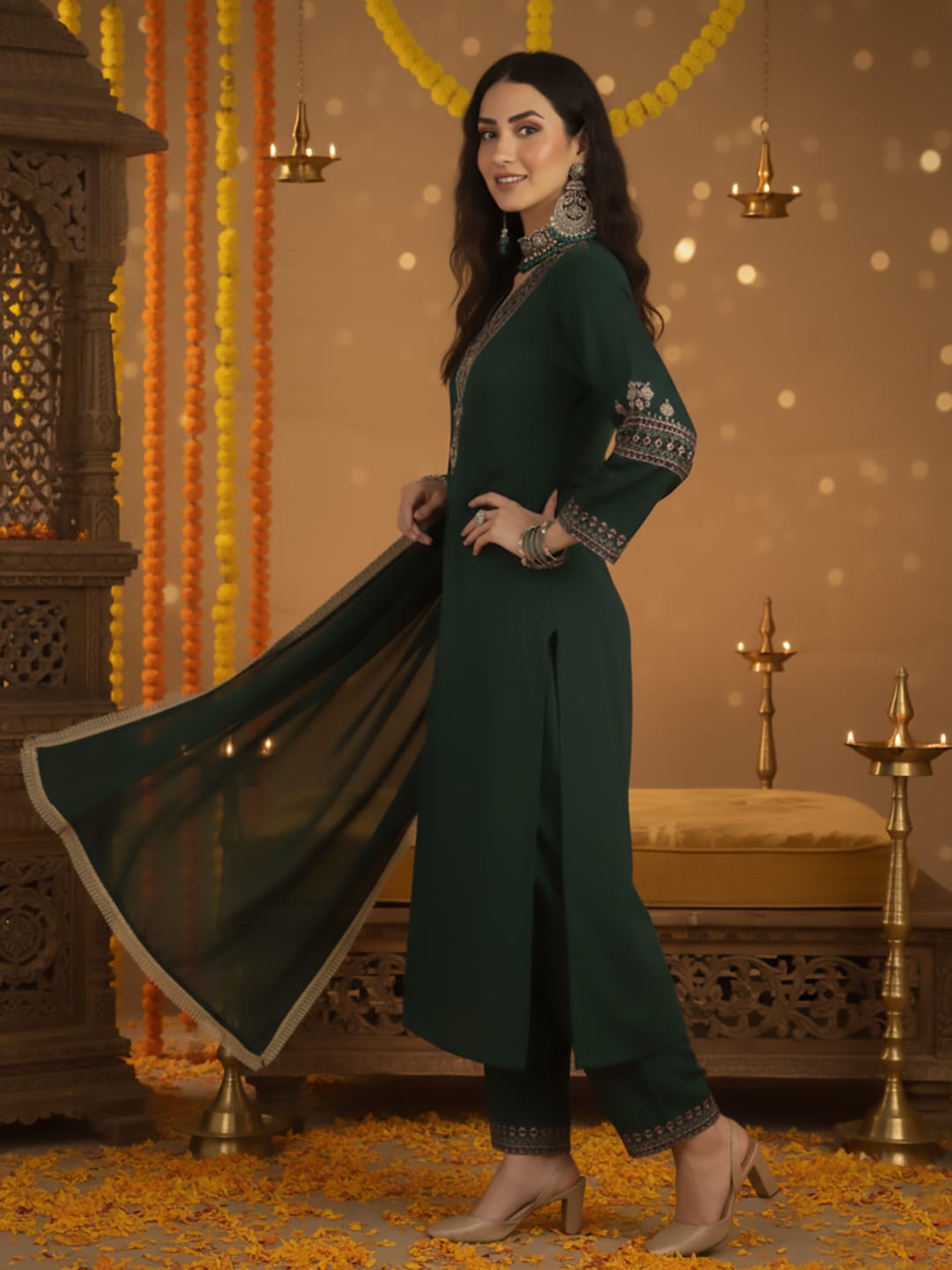 The Kurti Collection Women Green Embroidered Straight Kurta Paired With Tonal Embroidered Bottom And With Tonal Chiffon Dotted Dupatta