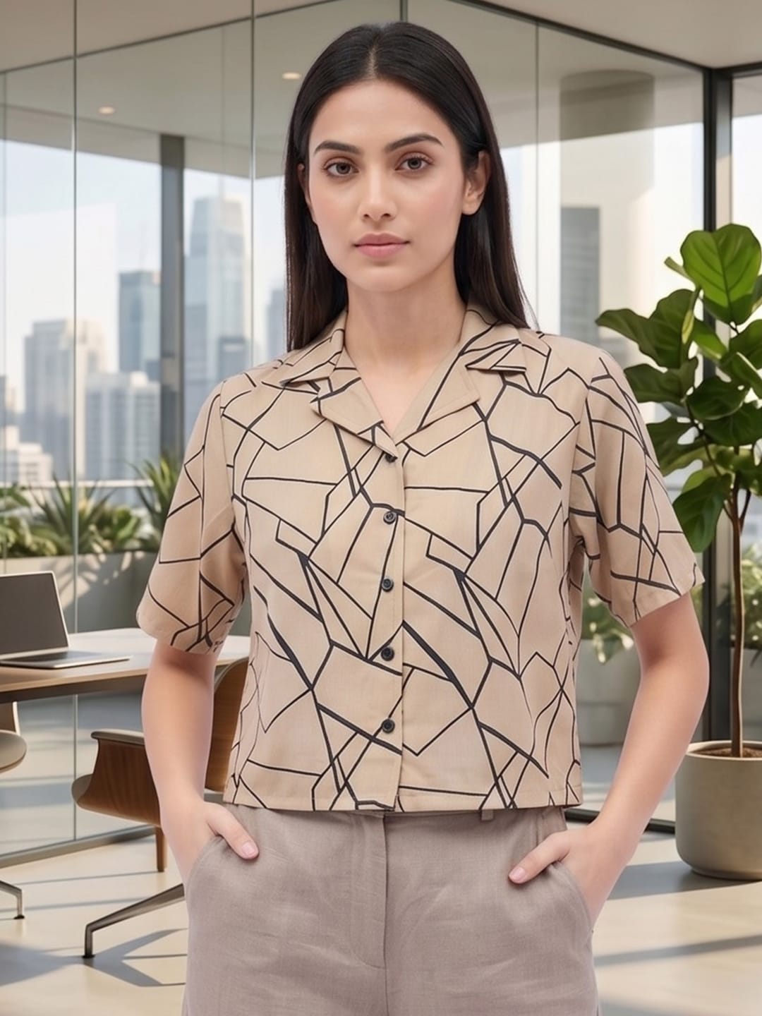 Beige Coloured Short Sleeves Shirt Collar Top