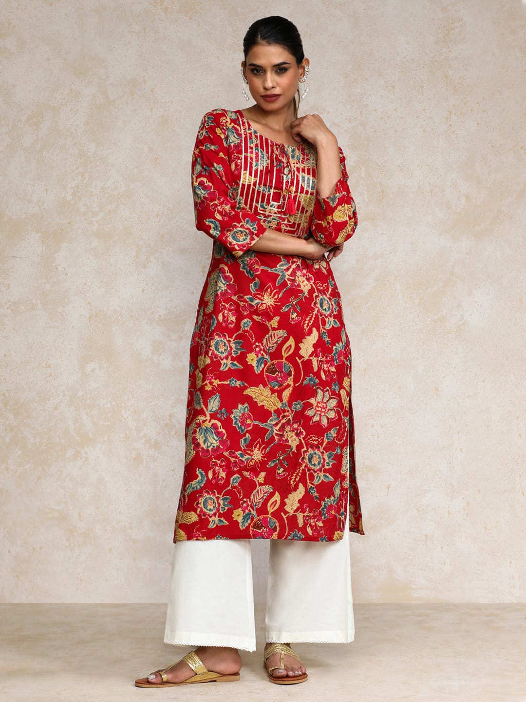 The Kurti Collection Women Bold Floral Printed With Lace gota patti Detailed Yoke Kurta