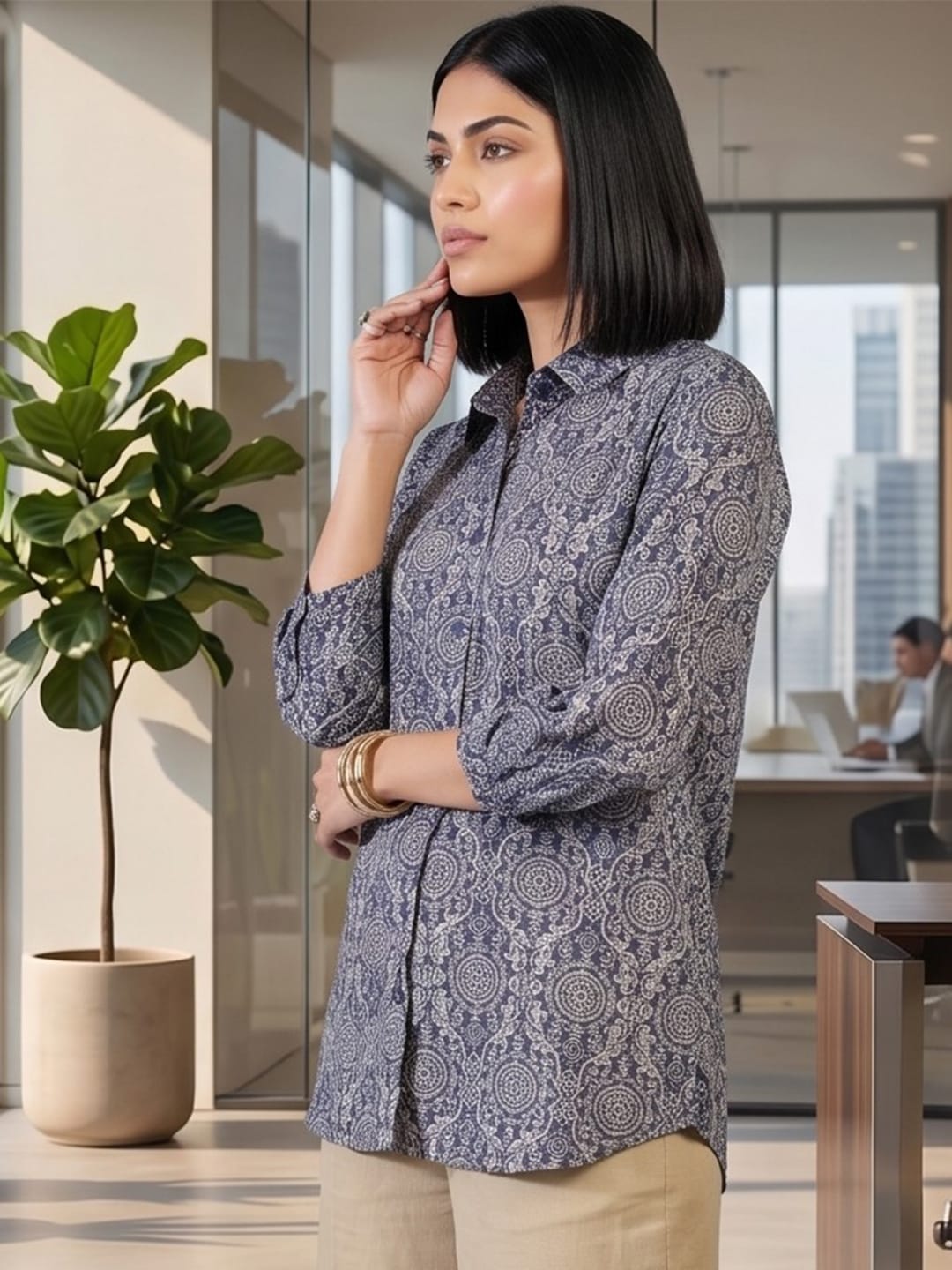 Navy Coloured Slim Collar Long Sleeves Floral Shirt