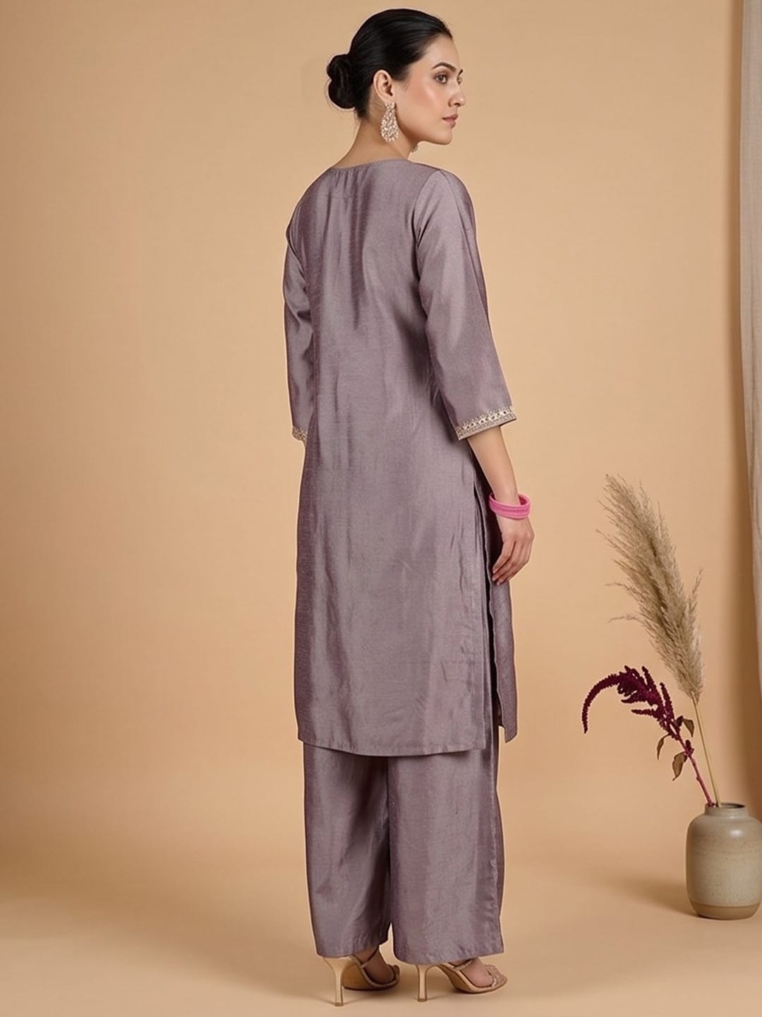 V Neck Kurta With Lace Detailing, Paired With Solid Trousers And A Contrasting Fuchsia Dupatta.