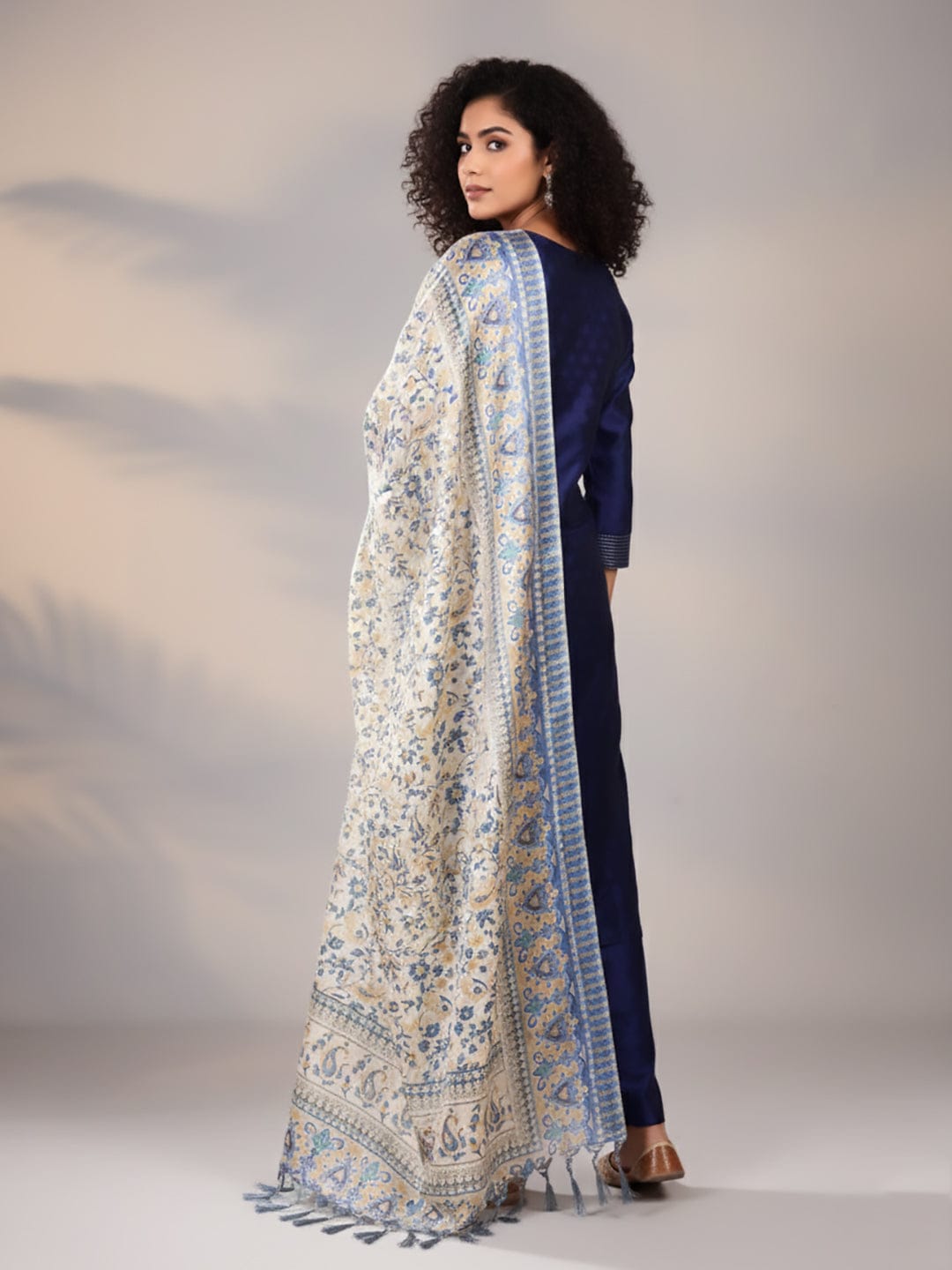 The Kurti Collection Women Navy Blue Woven Zari Embroidered Straight Kurta With Bottom And Dupatta