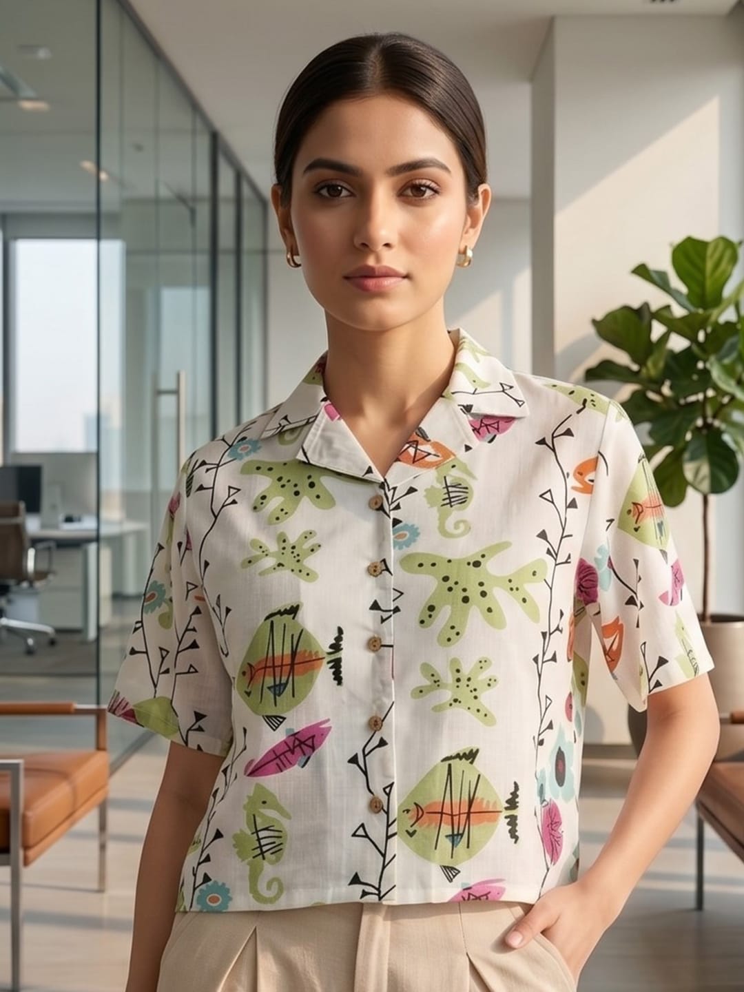 White Coloured Short Sleeves Shirt Collar Top
