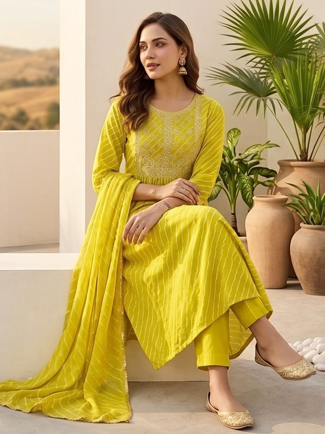 Bandhani-Printed Anarkali With Zari-Embroidered Yoke, Paired With Solid Trousers And Dupatta