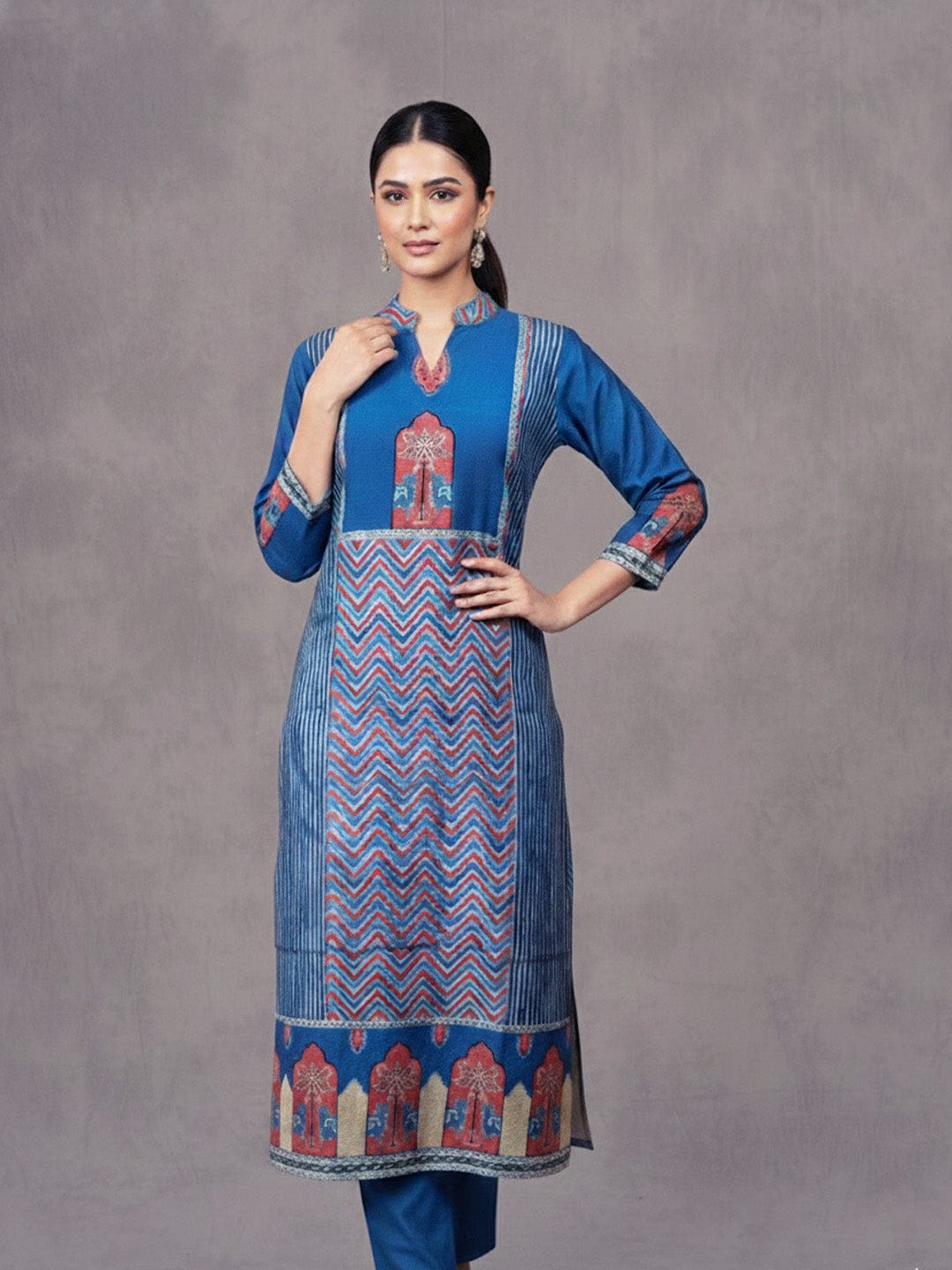 Blue Printed Kurta Set In Modal Silk