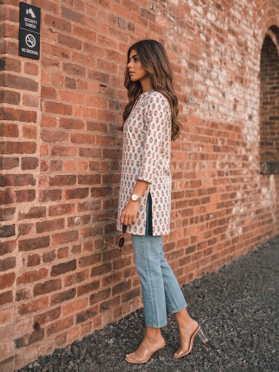Women's Off-White Floral Block Print Tunic Top