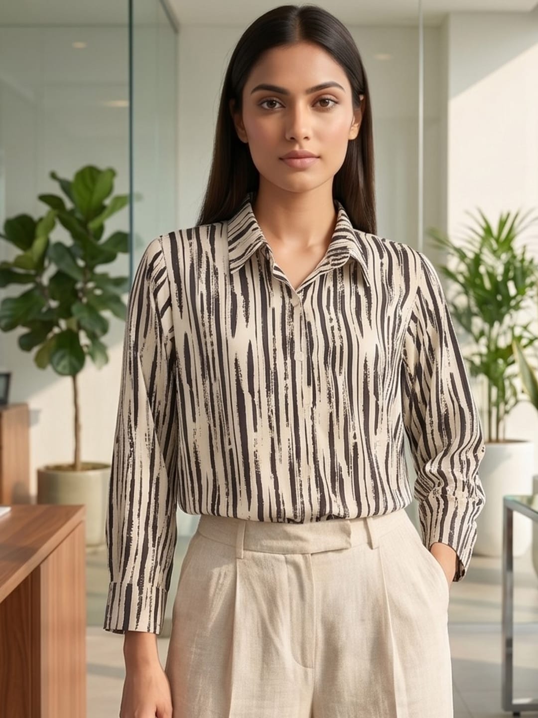 Cream Coloured Slim Collar Long Sleeves Abstract Shirt
