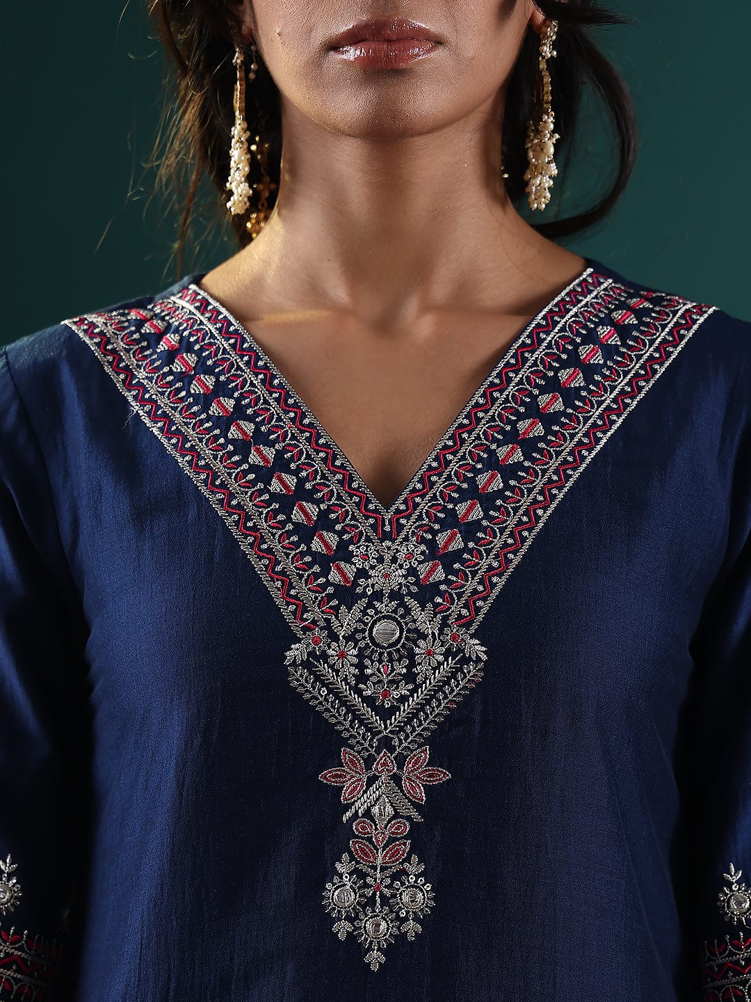 The Kurti Collection Women Blue Embroidered Straight Kurta Paired With Tonal Embroidered Bottom And With Tonal Chiffon Dotted Dupatta