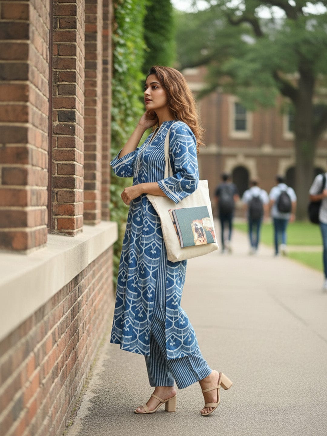 Blue Ethnic Printed Straight Kurta with Notched Neck and Three-Quarter Sleeves