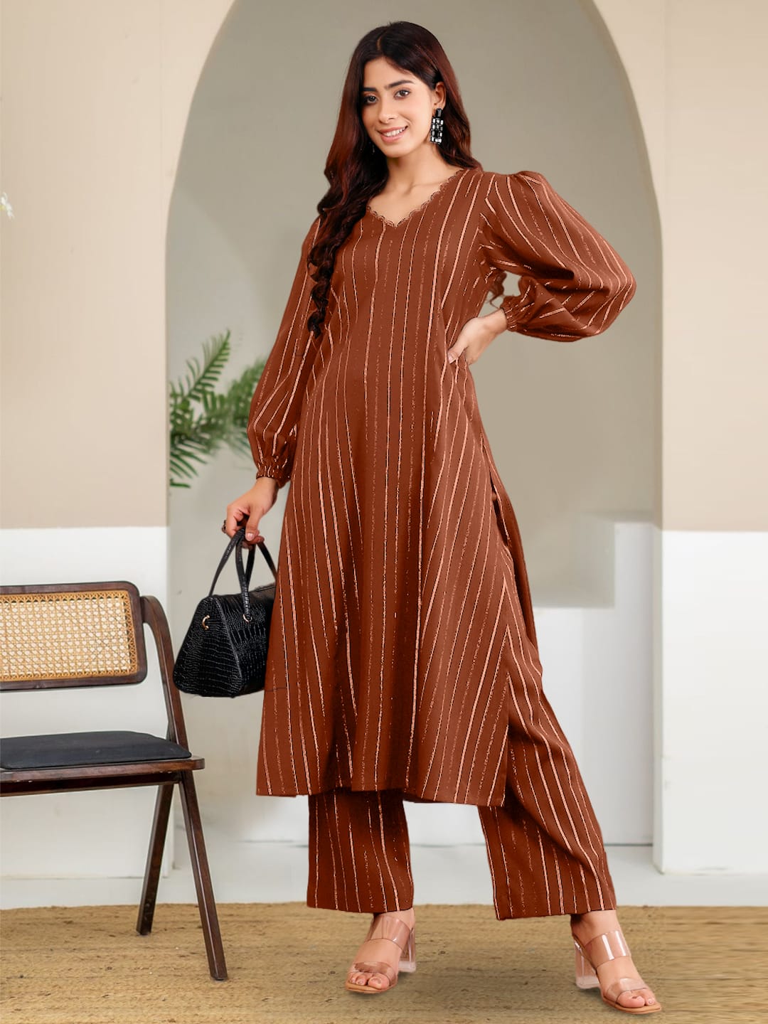The Kurti Collection Women Brown Lurex A- Line Kurta With Trousers