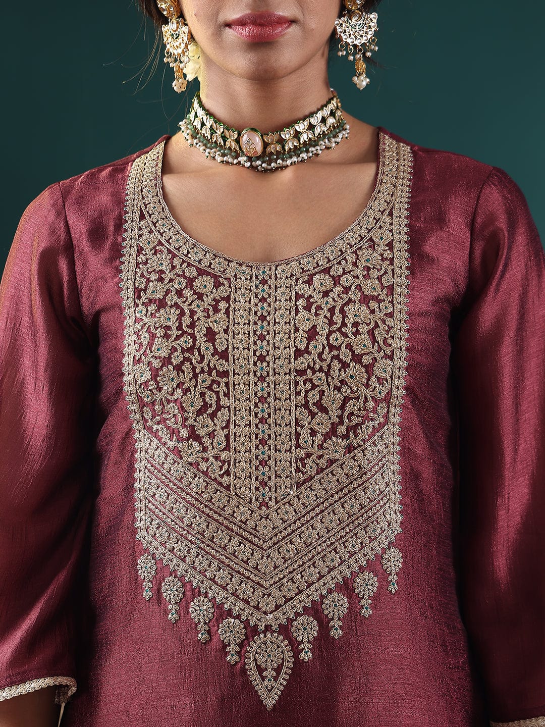 The Kurti Collection Women Burgundy Zari Embroidered Kurta With Bottom And Dupatta