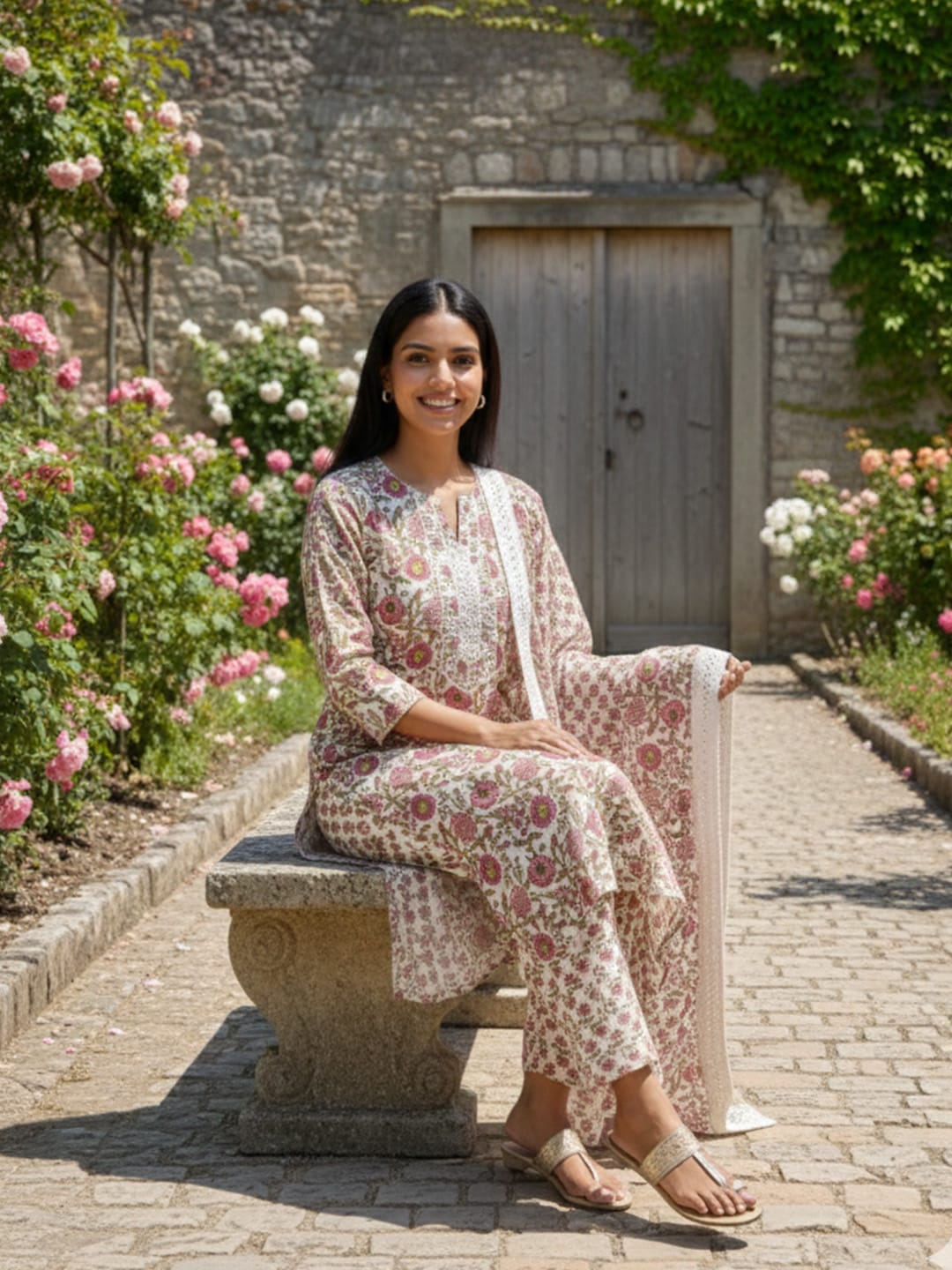 The Kurti Collection Women Floral Printed Regular Pure Cotton Kurta with Trousers & With Dupatta