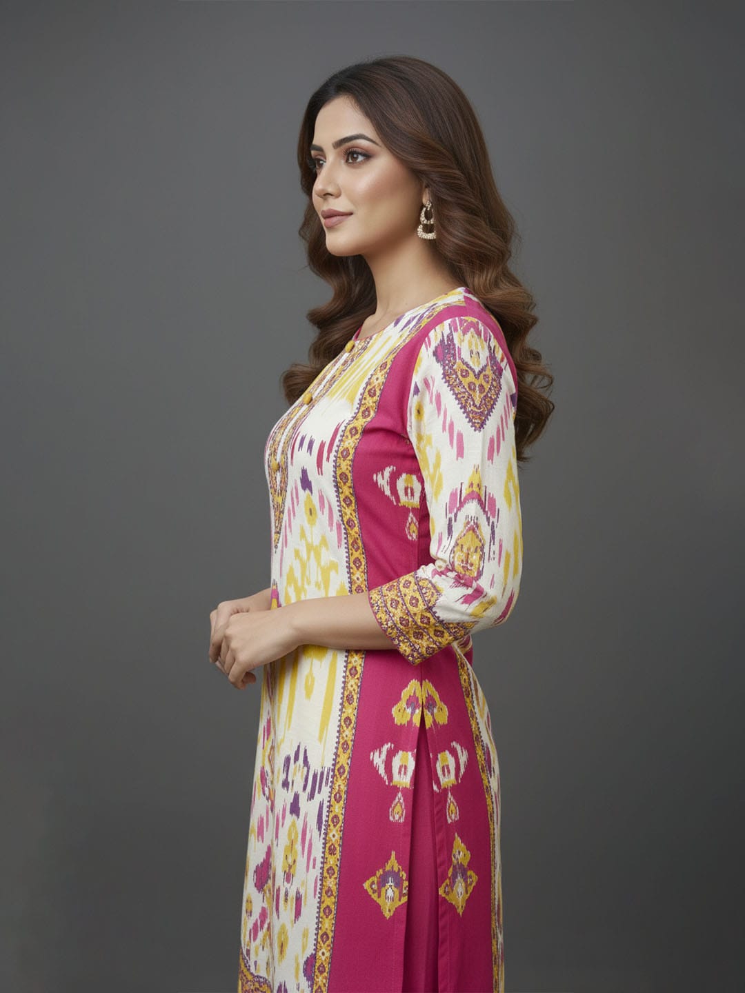 Ethnic Multicolor Ikat Printed Kurta Set With Dupatta & Solid Trouser
