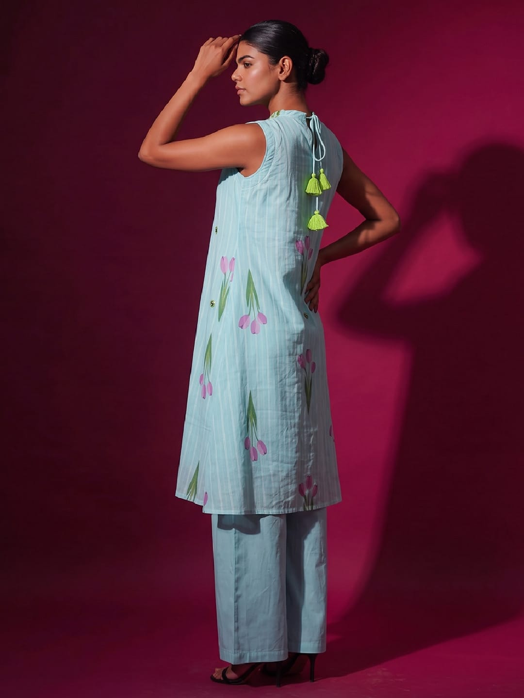Sky Blue Tulip Print Halter Neck Kurta Set With Wide-Leg Trousers