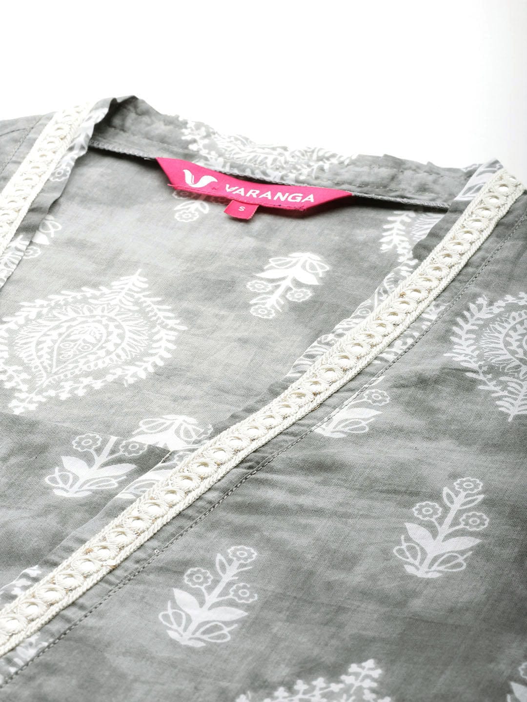 The Kurti Collection Women Grey Printed V-Neck Lace Embellished Straight Kurta