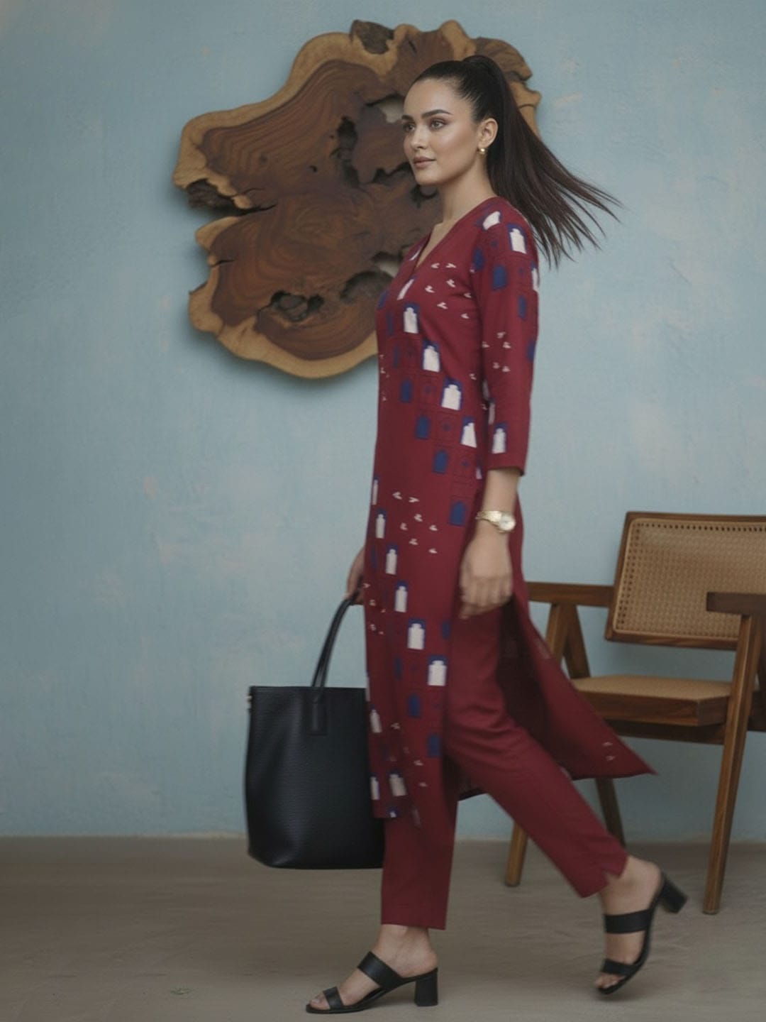 Printed Rust Red Kurta Set