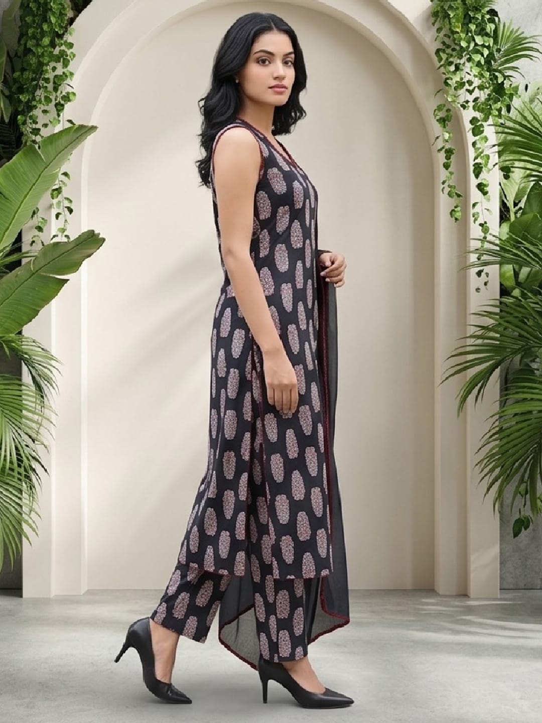 Black Sleeveless Kurta Set with Printed Trousers & Chiffon Dupatta