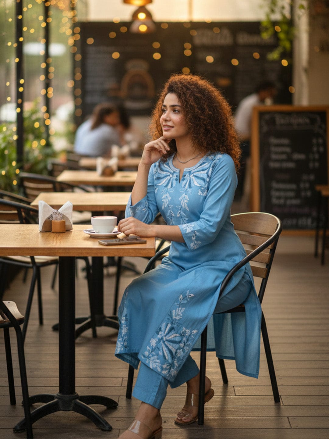 varanga women's ethnic solid skyblue round neck with v notch A line kurta with elegant emb. and 3/4 sleeves.