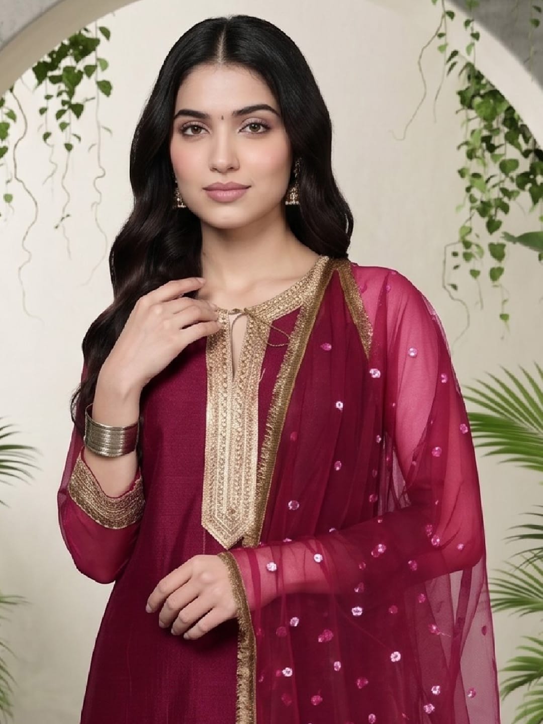 The Kurti Collection Women Fuchsia Lace Embellished Sleeveless Straight Kurta Paired With Tonal Plazzo And Dupatta