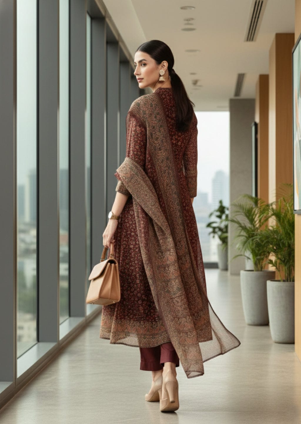 The Kurti Collection Women Brown Printed Straight Kurta Paired With Solid Bottom And Printed Dupatta