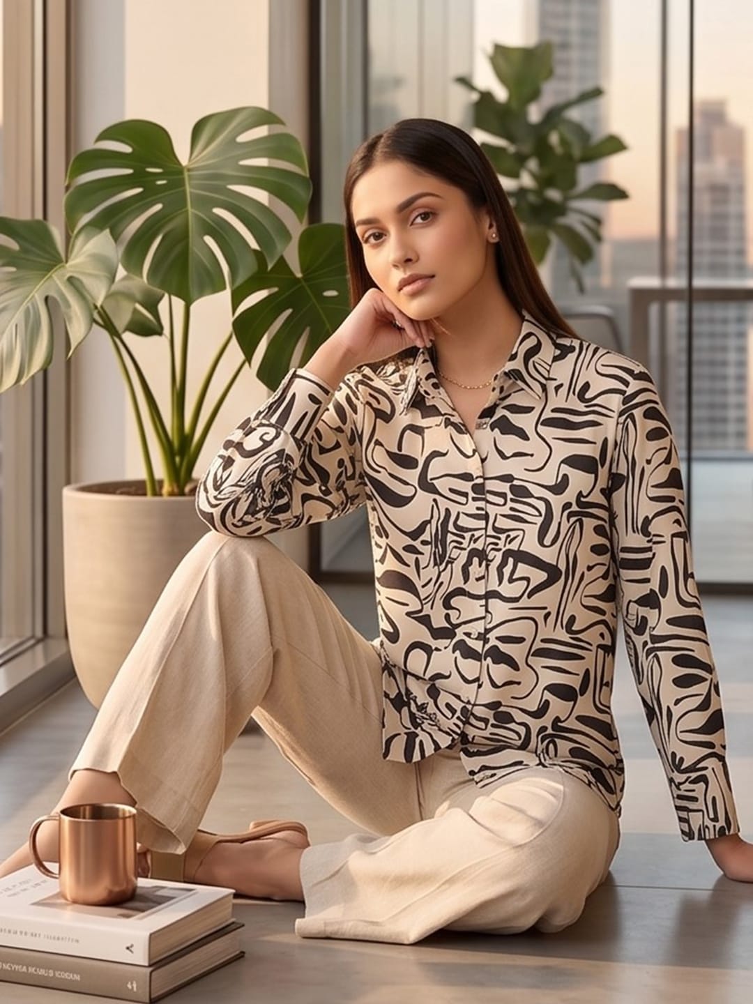 Cream Coloured Slim Collar Long Sleeves Geometric Shirt